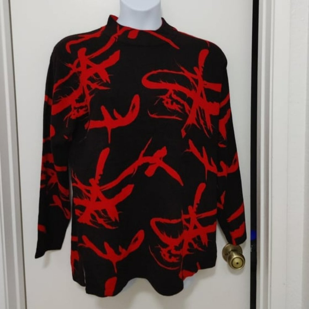 Delightful red/black Sweater pullover mock neck long sleeve (1X)